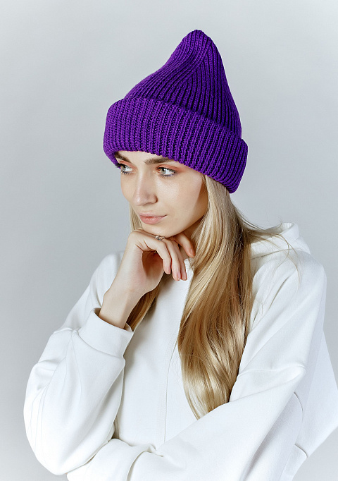 Трикотажная шапка бини в рубчик фиолетовая | Интернет-магазин Knitman
