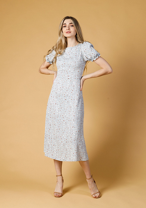 Платье миди с рукавами-фонариками голубое | Интернет-магазин Knitman