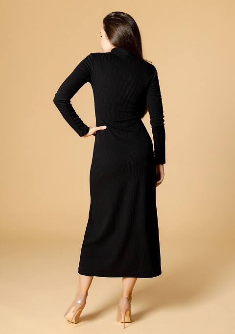 Платье "Лапша" миди с воротником-стойкой черное | Интернет-магазин Knitman