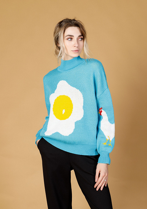 Жаккардовый свитер с принтом "Курица или яйцо" | Интернет-магазин Knitman