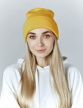 Трикотажная шапка бини двойной вязки желтая | Интернет-магазин Knitman