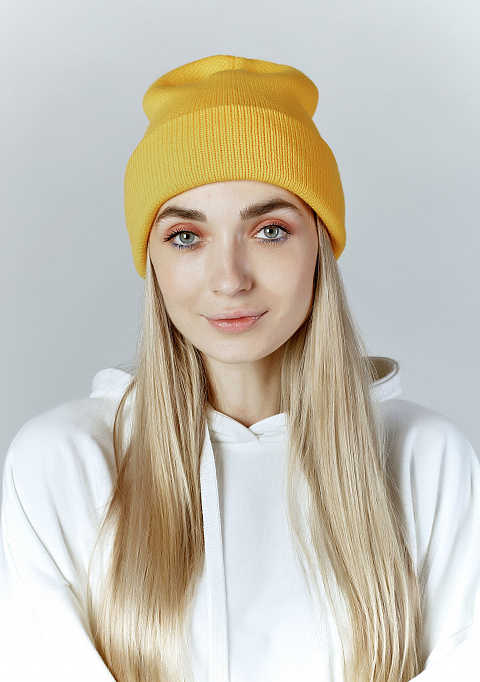 Трикотажная шапка бини двойной вязки желтая | Интернет-магазин Knitman