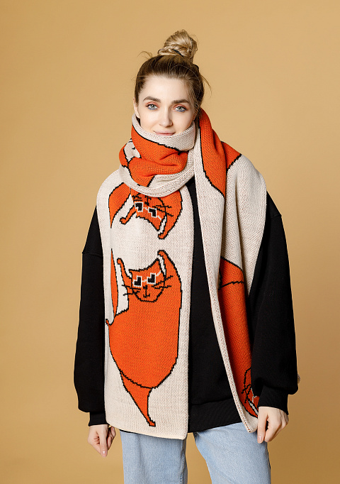 Жаккардовый двусторонний шарф "Влюбленный кот" оранжевый | Интернет-магазин Knitman
