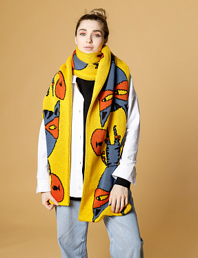 Жаккардовый двусторонний шарф "Кот ниндзя" жёлтый | Интернет-магазин Knitman