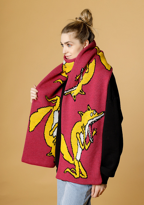 Жаккардовый двусторонний шарф "Орущий лис", Малиновый | Интернет-магазин Knitman