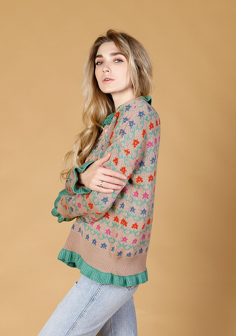 Жаккардовый свитер с оборками "Беверли" зеленый | Интернет-магазин Knitman