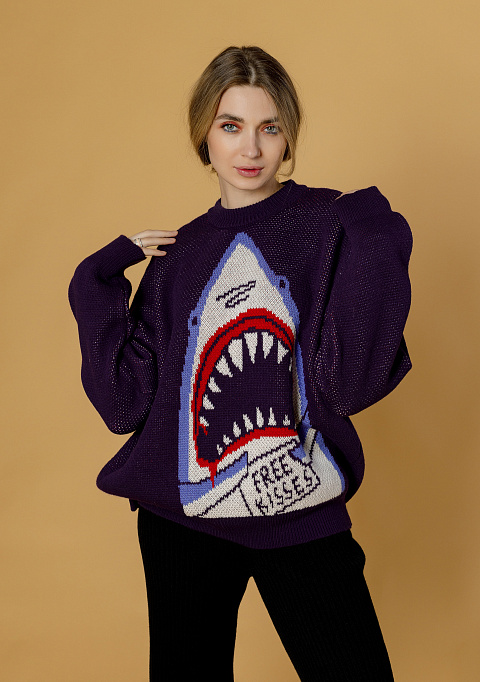 Свитер оверсайз с рисунком "Акула", фиолетовый | Интернет-магазин Knitman