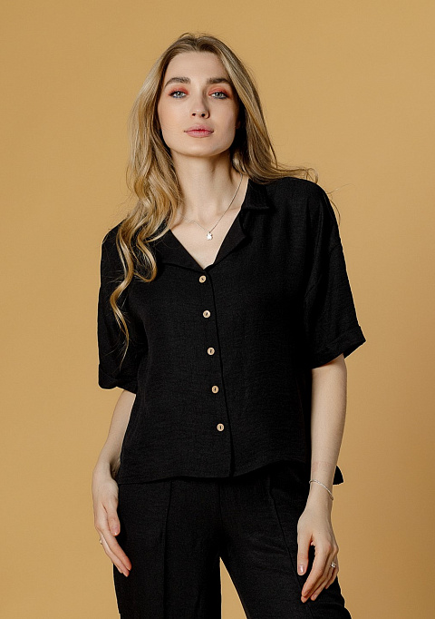 Рубашка укороченная на пуговицах черный | Интернет-магазин Knitman