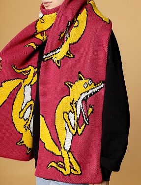 Жаккардовый двусторонний шарф "Орущий лис" малиновый | Интернет-магазин Knitman