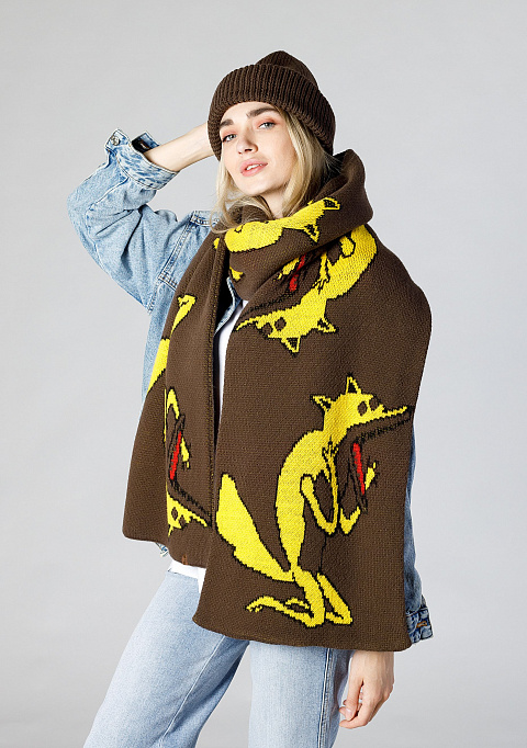 Жаккардовый двусторонний шарф "Орущий лис" коричневый | Интернет-магазин Knitman