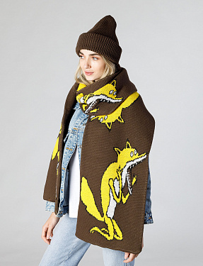 Жаккардовый двусторонний шарф "Орущий лис" желтый | Интернет-магазин Knitman