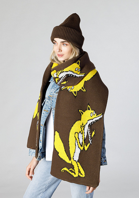 Жаккардовый двусторонний шарф "Орущий лис" желтый | Интернет-магазин Knitman