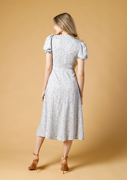 Платье миди с рукавами-фонариками голубое | Интернет-магазин Knitman