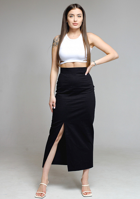 Джинсовая юбка миди с разрезом, черная | Интернет-магазин Knitman