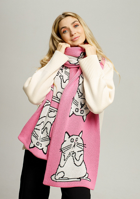 Жаккардовый двусторонний шарф "Шокированный кот" розовый | Интернет-магазин Knitman