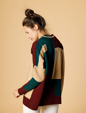 Свитер оверсайз с V-образным вырезом в стиле пэчворк зелено-песочный | Интернет-магазин Knitman